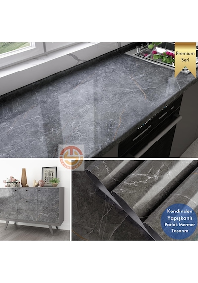 Technosmart 60x500cm Mermer Desen Kendinden Yapışkanlı Duvar Kağıdı Kaplama Mutfak Tezgeh Masa Folyo Koyu Gri