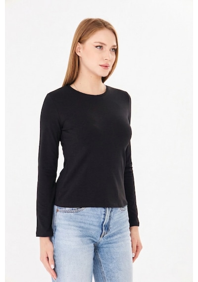 Sortie Collection Bisiklet Yaka Pamuklu Uzun Kollu Basic Penye Tişört Bluz Siyah