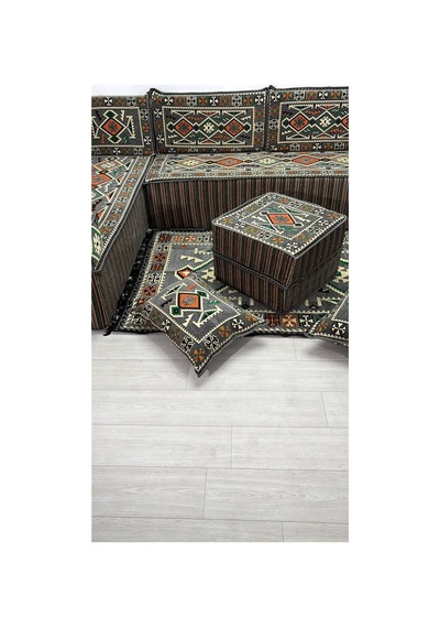 40 Cm Kalın Süngerli Gri Anadolu Motifli Şark Köşesi - Kilim Desenli L Yer Minderi Ve Halı Seti