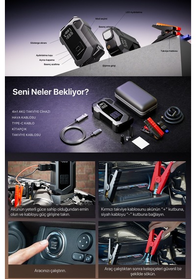 Akü Takviye 4 In 1 Şarjlı Akü Takviye Cihazı 18.000 Mah Gerçek Değer Akım Koruma Güçlü Seri 150 Psı