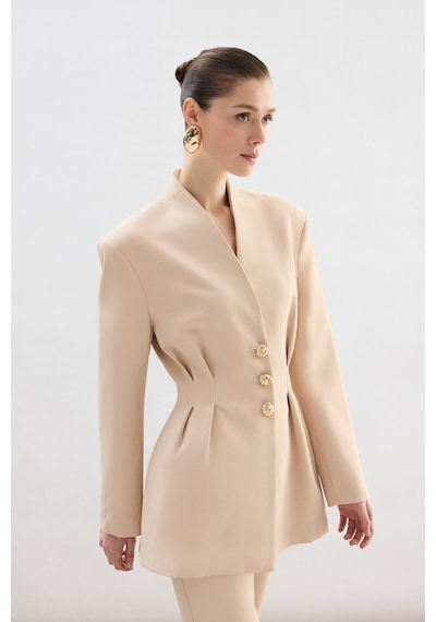 Sateen Gold Düğmeli Uzun Ceket - Bej-136771 Bej