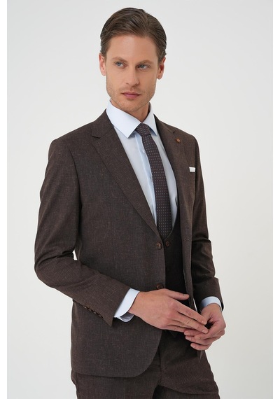 Efor Slim Fit Çift Yırtmaç Keten Karışımlı Yelekli Klasik Kahve Takım Elbise Tk 914 Kahverengi Efor Slim Fit Çift Yırtmaç Keten Karışımlı Yelekli Klasik Kahve Takım Elbise Tk 914 Kahverengi