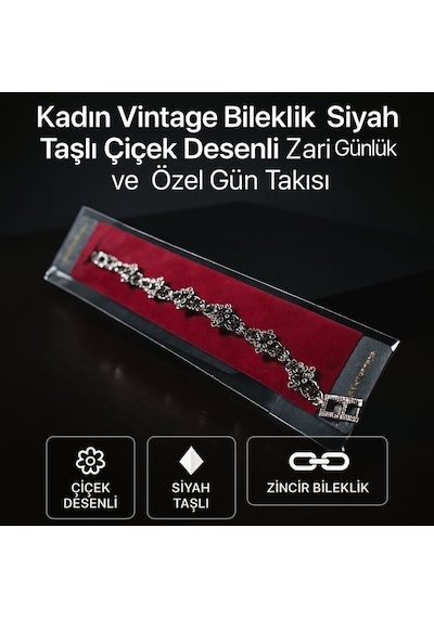Kadın Vintage Bileklik Siyah Taşlı Çiçek Desenli Zarif Günlük Ve Özel Gün Takısı Siyah - Gümüş