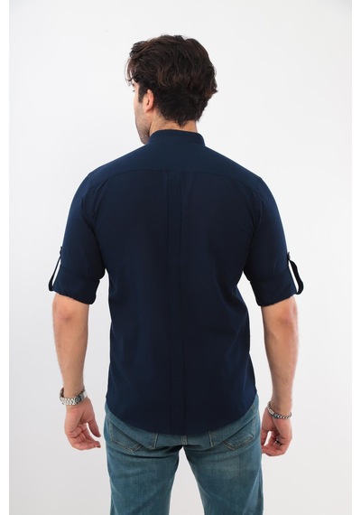 Hakim Yaka Slim Fit Keten Hediye Kutulu Erkek Gömlek Fs-003042 - Lacivert-2195
