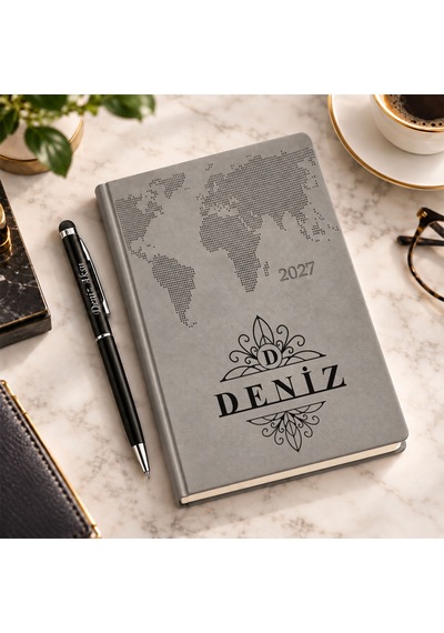 Bk Gift Kişiye Özel 378 Termo Deri Tarihli Ajanda & Siyah Touch Pen Tükenmez Kalem-16 Gri Akdnz-bitmeyencom38514 6502 Bk Gift