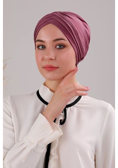 Melodi Scarf Kadın Üç Bantlı Çapraz Hazır Türban Dış Bone Mor Mor