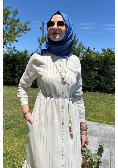 Rabia Şamlı Süreyya Çizgili Gömlek Elbise İndigo Normal