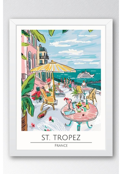 Fransa St. Tropez Temalı Çerçeveli Tablo Travel Serisi Modern İllüstrasyon Sahil Duvar Dekoru Beyaz