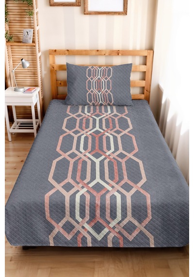 Geometrik Gri Genç Odası Tek Kişilik Pike Takımı-modern Pudra Somon 160x220 Cm Kapitone Yatak Örtüsü Mahmur Duman Kabuğu