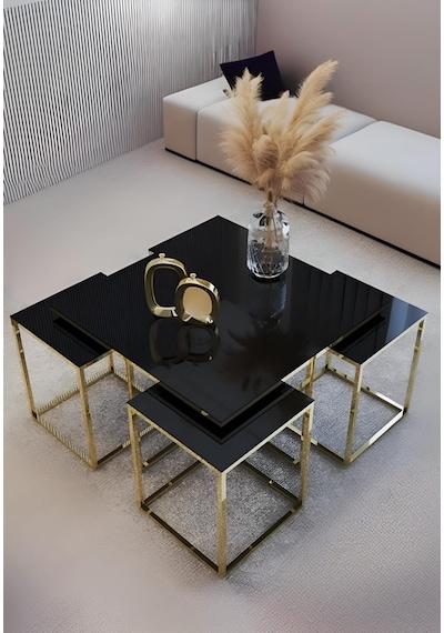 4+1 Kare Orta Zigon Sehpa Gold Kaplama Siyah Temperli Cam
