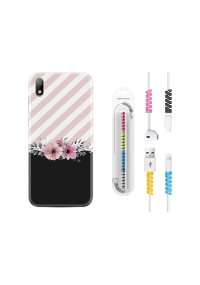 Huawei Y5 2019 Kılıf Kablo Koruyuculu Strip Pink Flowers 1396