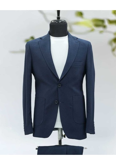 Beystil Sivri Yaka Lacivert Spor Casual Jogger Takım Elbise Gofre- Slim Fit Lacivert