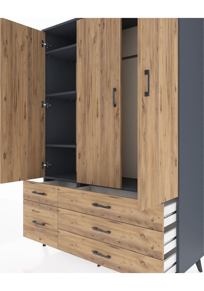 Hyperion Dolap 5 Raflı 5 Çekmeceli Tek Askılı 132x44x195 Antrasit-çam/çam Atlas Çam/atlas Çam