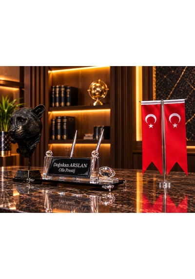 Kişiye Özel 3 Parça Kristal Masa İsimliği Türk Bayraklı Panter Figürlü Ofis Masa Seti Siyah