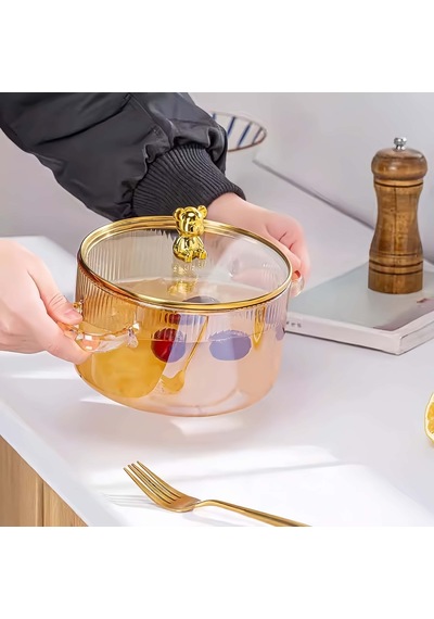 Qerhome Borosilikat Cam Ayıcıklı Teddy Tencere 1700 Ml Amber Amber