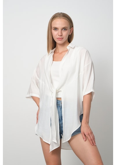 Pera Moda Önden Bağlamalı Uzun Kimono Yazlık İnce Gömlek Hırka Modeli Beyaz