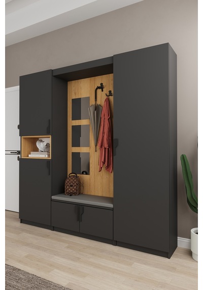 Lüks Aynalı Portmanto Askılı Vestiyer %100 Mdf Çok Raflı Ayakkabılık V05 Koyu Gri - Karina Lüks Aynalı Portmanto Askılı Vestiyer %100 Mdf Çok Raflı Ayakkabılık V05 Koyu Gri - Karina