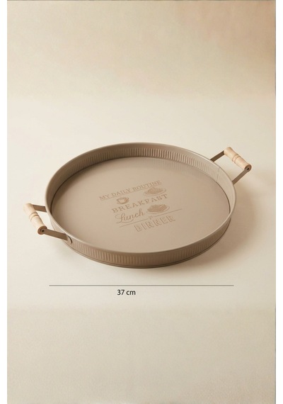 Ahşap Kulplu Yuvarlak Metal Servis Tepsisi 37 Cm Cappuccino