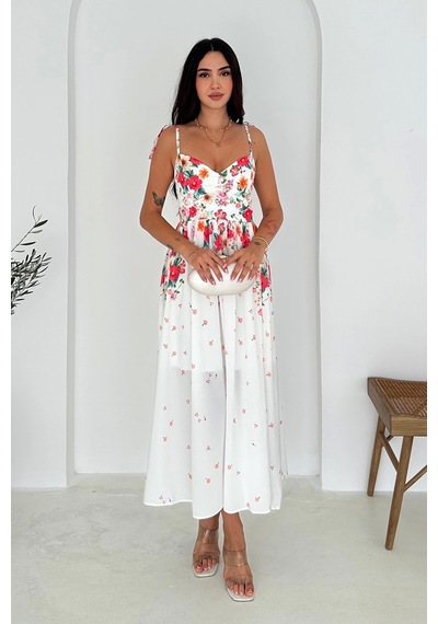Asprin Fashion Çiçek Desenli Elbise İthal Krep Kumaş Beyaz Beyaz