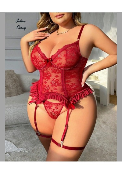 Intive Curvy Bordo Tül Fırfır Detaylı Büyük Beden Bacak Aksesuarlı Jartiyer Takım Bordo