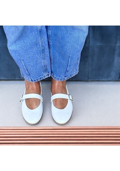 Ne&ve Shoes Beyaz Deri Tek Bantlı Yuvarlak Burun Kadın Babet