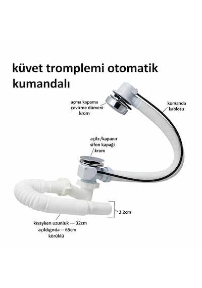 Ayrıntıshop Küvet Tromplemi Kumandalı Otomatik Küvet Jakuzi Sifonu Stoplu 1 Adet