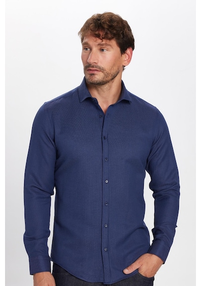 Tudors Erkek Slim Fit Dar Kesim Uzun Kollu Pamuklu Kolay Ütü Armürlü Lacivert Gömlek-32837 Lacivert