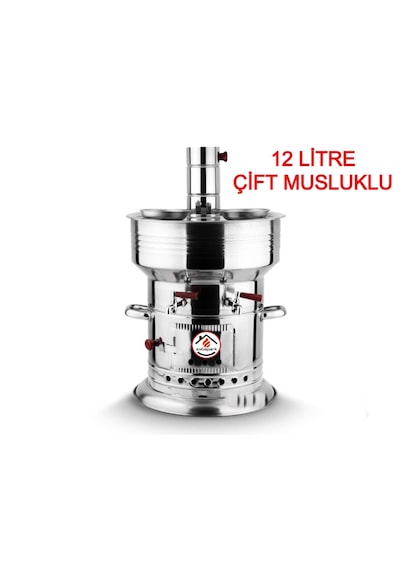 12 Litre Paslanmaz Metal Odunlu Kömürlü Çay Semaveri Büyük Çift Musluklu Odunlu Kömürlü Semaver 12 L