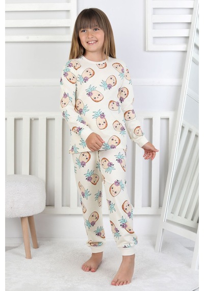 Cute Ananas Desenli Kız Çocuk Pijama Takımı Ekru