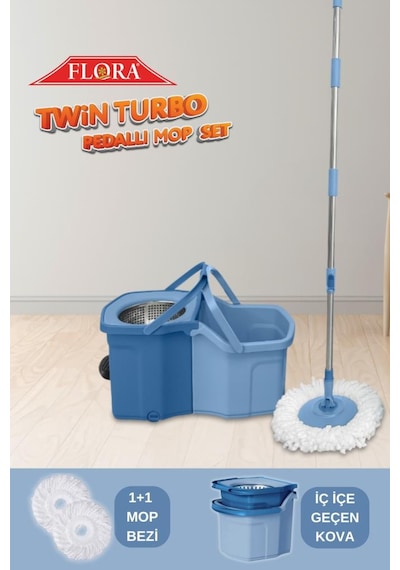 Twin Turbo Pedallı Çelik Mop Set, Temiz Ve Kirli Suyu Ayıran Otomatik Temizlik Seti 1+1 Mop Mavi