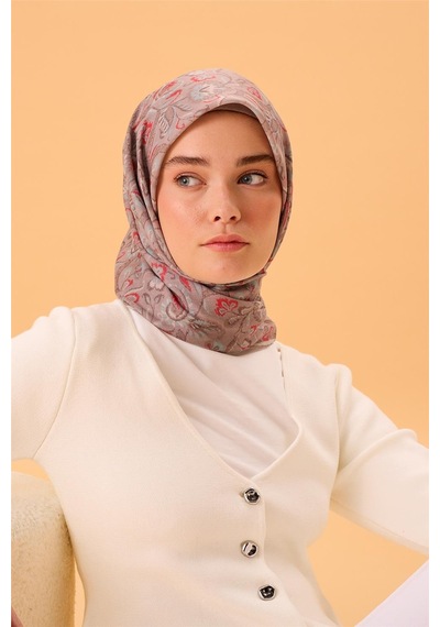 Silk Home İnce Pamuk Soft Eşarp Vizon-narçiçeği Desenli Tok Duruşlu 90x90 Çok Renkli