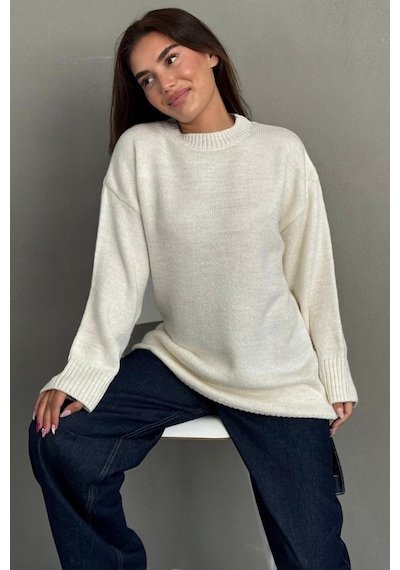 Madmext Ekru Bisiklet Yaka Oversize Uzun Kadın Triko Kazak Mg2890