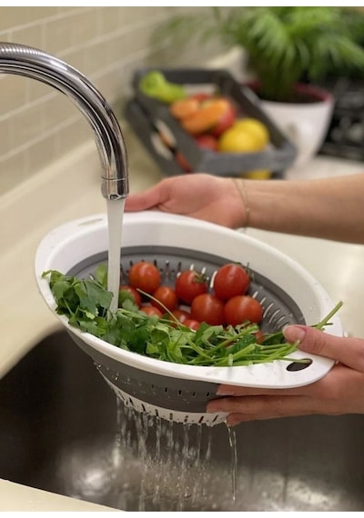 Süzgeç Katlanır Süzgeç Sebze Süzgeci Katlanabilir Süzgeç Oval Silikon Bpa Free Beyaz Gri