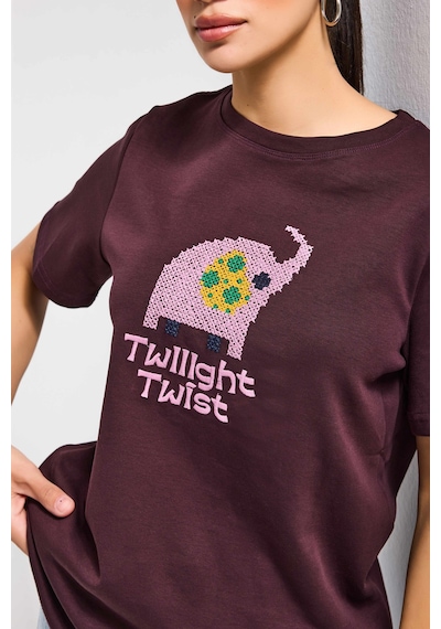 it's basic Kadın Kahve Bordo Renk W5 Nakış Detaylı Oversize Tasarım T-shirt