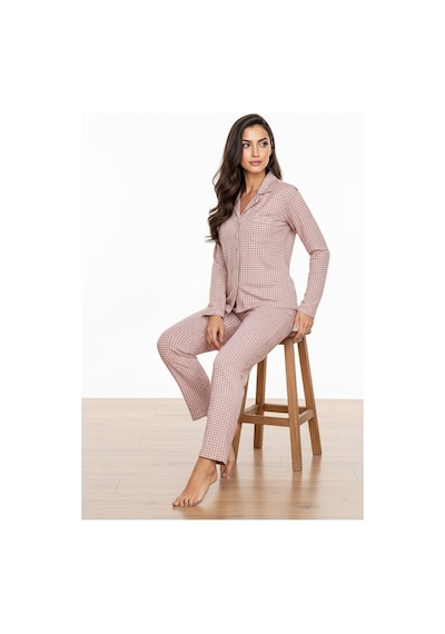 Luxury Soft Pudra Kareli Uzun Kollu Kadın Pijama Takımı 3049 Pudra