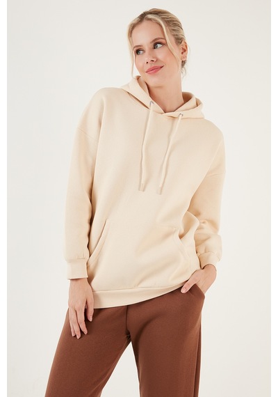 Lela Regular Fit Pamuklu Kapüşonlu Yaka Şardonlu Kışlık Bayan Sweat 5863854 Taş