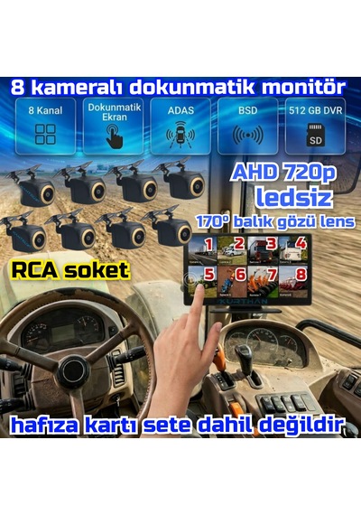 8 Ch 10 İnç Dokunmatik Ekran 8 Adet Ledsiz Ahd 720p Balık Gözü Kamera 512 Gb Dvr Adas Bsd 12 Volt