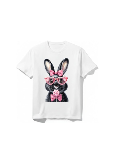 Urbantrendstore Tavşan Temalı Unisex Kız Çocuk Erkek Çocuk Bisiklet Yuvarlak Yaka Basic Kısa Kollu %100 Pamuk Tişört Beyaz