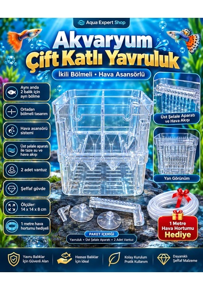 Akvaryum Çift Katlı Yavruluk - İkili Hazne - Hava Asansörlü - Şelale Filtreli - 14x14x8 Cm - Balıklar İçin Güvenli
