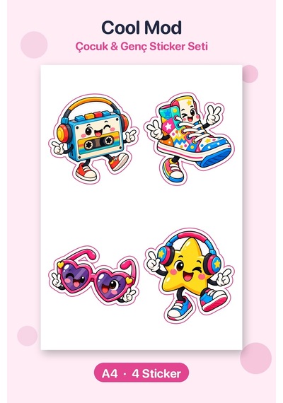 Cool Mod 4 Adet Büyük Retro Sticker Çıkartma A4 Matara Etiketi Çok Renkli