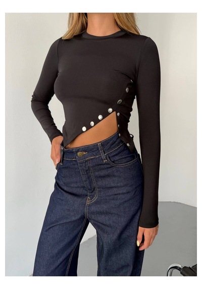 Kechi Woman Dalgıç Kumaş Çıtçıtlı Crop Siyah