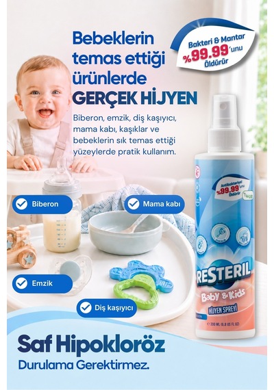 Resteril Biberon Temizleyici Alkolsüz Durulanmayan Saf Hipokloröz Biberon Sterilizatör Emzik Süt Pompası Hijyen Spreyi Bebek Dezenfektan Sprey Baby Kids 200 ML