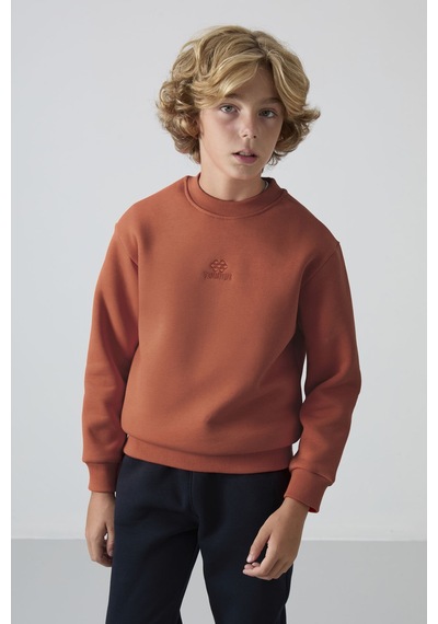 Tommylife Kiremit Pamuklu Kalın İçi Tüylü Yumuşak Dokulu Standart Fit Nakışlı Erkek Çocuk Sweatshirt - 11232 Kiremit