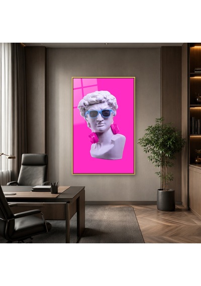 Gözlüklü Ve Kulaklıklı Pop Art Büst Gold Çerçeveli Cam Tablo