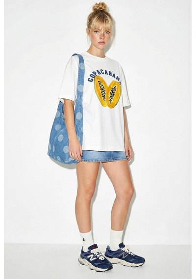 Shade Kadın Pamuk Bisiklet Yaka Papaya Baskılı Oversize T-shirt Öt261006 60286080 - Beyaz Standart