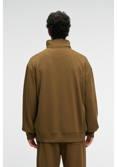 Grımelange BRAM Erkek %100 Pamuk Dik Yakalı Yarım Fermuarlı Baskılı Haki Sweatshirt