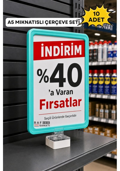 10 Adet - A5 Mıknatıs Tutuculu Fiyatlık Etiketlik Dikey Yatay Ve Bilgilendirme Çerçevesi Turkuaz
