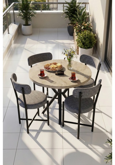 Mutfak Masası 90 Çap 4 Sandalyeli Traverten Görünümlü Balkon Bahçe Cafe Masa Seti Teddy Gri Mutfak Masası 90 Çap 4 Sandalyeli Traverten Görünümlü Balkon Bahçe Cafe Masa Seti Teddy Gri