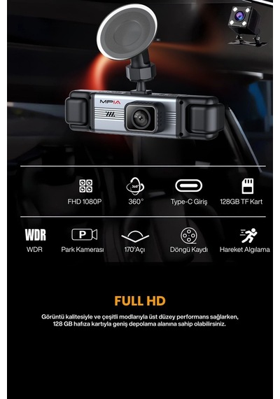 4 Lensli Full Hd 1080p 3.16" Ekran Araç İçi Kamera 4 Kamera Ayarlanabilir Açı Hareket Algılama