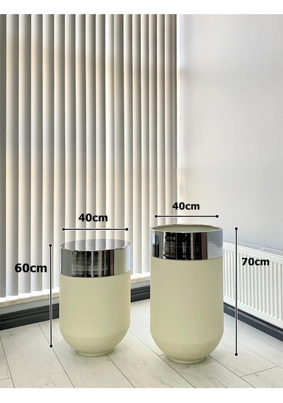 Dekoratif Krom Darbuka Beyaz Saksı 70cm + Sehpa 60cm İkili Set